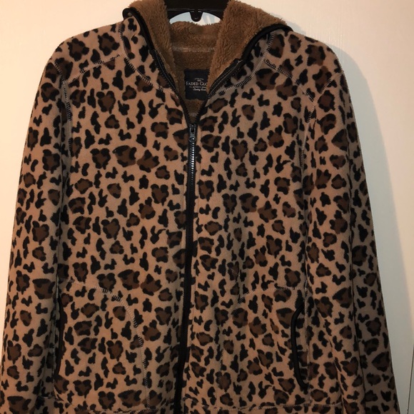 Fuzzy Leopard Print Hooded Zip Up Jacket Sweater - Picture 2 of 8
